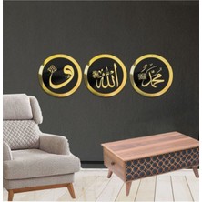 Evsay Allah Muhammed ve Vav Figürlü Üçlü Pano Set Pleksi Duvar Süsü 25 cm Çapında