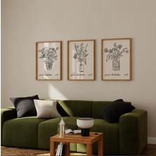 Pam Studio Minimalist Çizim Çiçekposter Seti -3’lü Siyah Beyaz Çizim Duvar Dekoru-Modern Iskandinav Stil Tablo