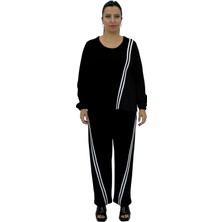 DARKWIN Büyük Beden Kadın Çizgili Salaş Cepli Bisiklet Yaka Uzun Kollu Şerit Detaylı Alt Üst Eşofman Takımı Türk Malı Darkwın