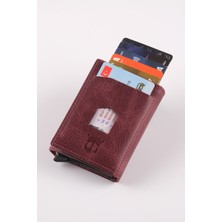 Ancora Leather Hakiki Deri Crazy Deri Erkek Cüzdanı Otomatik Kartlık Mekanizmalı Bordo Çıt Çıtlı