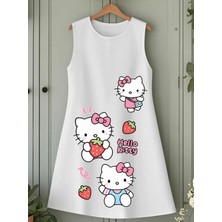 Punix Kids Punıx Kids Özel Seri Hello Kitty Üç Çilek Baskılı Kolsuz Yazlık %100 Pamuk Kız Çocuk Trend Elbise