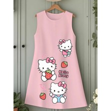 Punix Kids Punıx Kids Özel Seri Hello Kitty Üç Çilek Baskılı Kolsuz Yazlık %100 Pamuk Kız Çocuk Trend Elbise