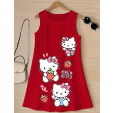 Punix Kids Punıx Kids Özel Seri Hello Kitty Üç Çilek Baskılı Kolsuz Yazlık %100 Pamuk Kız Çocuk Trend Elbise