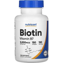 Nutricost Biotin, Vitamin B7, 5.000 Mcg, 150 Yumuşak Jel