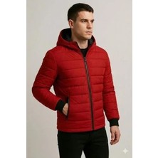 Marsilyan- Erkek Şişme Kapüşonlu Fermuarlı Mont Su Itici Kapitone Astarlı Kumaş Cepli Kışlık Rahat Kalıp - Kırmızı