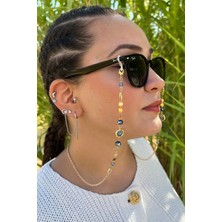 Gözlük Zinciri Altın Renkli Mavi Taş Detaylı Şık Tasarım Lumaks