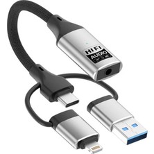 Forzacase 3in1 iPhone Lightning, Type-C, USB Girişli 3.5 mm Aux Çevirici Kulaklık Jak Adaptör FC1164