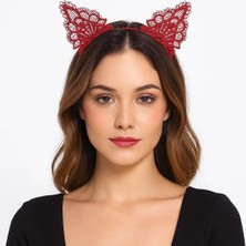 Magicool Dantelli Kırmızı Kedi Tacı - Vintage Tarz Dantel Kedi Kulak