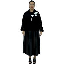 DARKWIN Büyük Beden Örme Delikli Çiçek Aksesuarlı Deri Pileli Etek Üçlü Kadın Takım