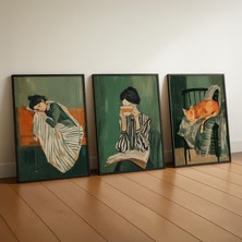 Pam Studio Minimalist Kadın ve Kedi Poster Seti –uyuyan Kadın ve Kedi |sanatsal Duvar Dekoru 3’lü Tablo Seti