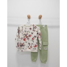 Kız Çocuk Floral Desenli Sweatshirt ve Kargo Cep Eşofman Takım