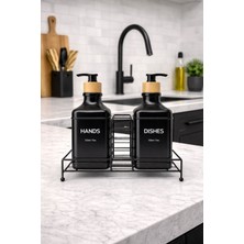 Zürih Collection 2'li Modern Cam Sabunluk Seti Metal Standlı Siyah Renk  Deterjanlık Seti Sıvı Sabunluk