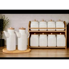 Kitchen Pembelia Bambu Standlı 2’li Porselen Yağdanlık ve 7’li Standlı Baharatlık Seti Baharatlık Takımı