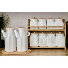 Kitchen Pembelia Bambu Standlı 2’li Porselen Yağdanlık ve 7’li Standlı Baharatlık Seti Baharatlık Takımı