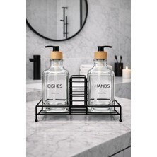 Zürih Collection 2'li Modern Cam Sabunluk Seti Siyah Metal Standlı Siyah Kapaklı Deterjanlık Seti Sıvı Sabunluk Şeffaf Cam