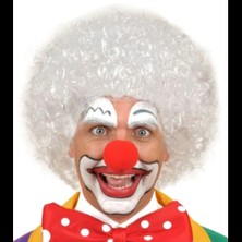 Nevamel Beyaz Kıvırcık Afro Peruk ve Kırmızı Sünger Burun Seti