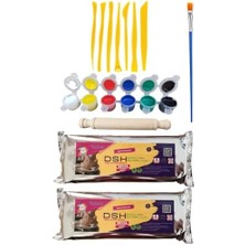 Dsh Doğal Seramik Hamuru 2li Seramik Başlangıç Seti 6-7li Ebeşuar,2 Adet 1000 gr Kil Hamuru ve 6'lı Boya ve Fırça ve Merdane Beyaz