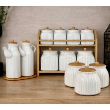 Kitchen Pembelia 10 Parça Bambu Standlı 2li Yağdanlık,3’lü Kavanoz,7li Standlı Baharatlık Takımı Çeyizlik Set