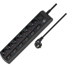 6 Anahtarlı 6 Soketli Güç Şeridi Priz 2 Metre Siyah