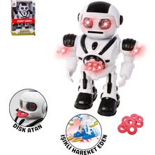 Giffy Oyuncak Disk Atan Robot Pilli Işıklı ve Müzikli 25 cm Dev Robot Eğlenceli Etkileşimli Sesli ve Hareketli Robot (Siyah-Mavi)