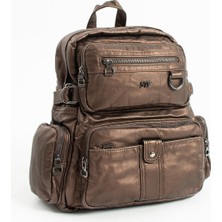 Duomino Bronz Çok Cepli Poliüretan Yıkama Deri Sırt Çantası Günlük Çanta Sırt Çantası