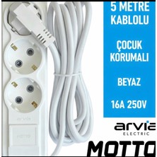 Arvia Motto Üçlü Topraklı Grup Priz Çocuk Korumalı 5 Metre Kablolu