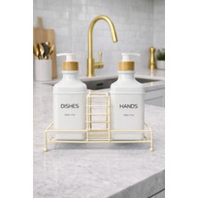 Zürih Collection 2'li Modern Cam Sabunluk Seti Metal Standlı Beyaz Renk  Deterjanlık Seti Sıvı Sabunluk