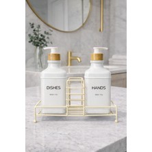 Zürih Collection 2'li Modern Cam Sabunluk Seti Metal Standlı Beyaz Renk  Deterjanlık Seti Sıvı Sabunluk