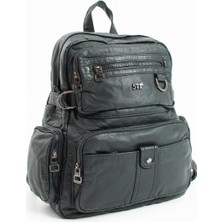 Duomino Petrol Çok Cepli Poliüretan Yıkama Deri Sırt Çantası Günlük Çanta Sırt Çantası