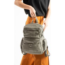 Duomino Gri Çok Cepli Poliüretan Yıkama Deri Sırt Çantası Günlük Çanta Sırt Çantası