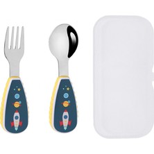 Jojobebek Uzay Figürlü Premium Çocuk Bpa Free Kaliteli Silikon Saplı Paslanmaz Çelik Uçlu Çatal-Kaşık Saklama Kutusu -Yeşil