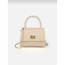 Özüm Takı Çanta Kadın İnci Saplı Zincir Askılı Kilit Kapaklı  El ve Omuz Kol Çantası Krem