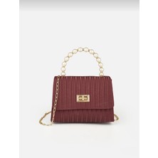 Özüm Takı Çanta Kadın İnci Saplı Zincir Askılı Kilit Kapaklı  El ve Omuz Kol Çantası Bordo