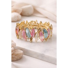 Göksunun İzi Kadın Çelik Altın Kaplama Mine Işlemeli Lacivert Yeşil Pembe Yaprak Bileklik