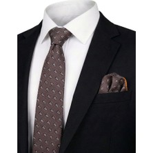 Bursa İpek Kahverengi Desenli Ipek Kravat Takımı