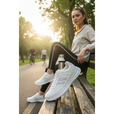 Enoch Erkek Spor Ayakkabı Tam Beyaz Sneaker Gümüş Şeritli Hafif Yürüyüş ve Koşu Modeli