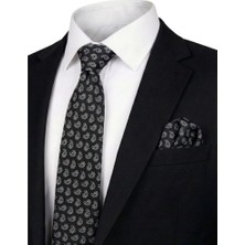 Bursa İpek Siyah Desenli Ipek Kravat Takımı