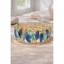 Göksunun İzi Kadın Çelik Altın Kaplama Mine Işlemeli Lacivert Yeşil Pembe Yaprak Bileklik