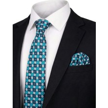 Bursa İpek Turkuaz Desenli Ipek Kravat Takımı