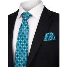 Bursa İpek Turkuaz Desenli Ipek Kravat Takımı