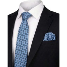 Bursa İpek Mavi Desenli Ipek Kravat Takımı