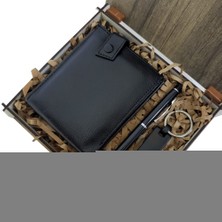 Ahşap Deri Kutulu Siyah Renk 3'lü Hediye Seti - Kalem, Cüzdan, Anahtar FLZORA-RS3456