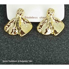 Şems Tesbihevi & Doğaltaş Takı Gümüş Tonlu Asimetrik Paslanmaz Çelik Küpe Organik Form Modern Tasarım