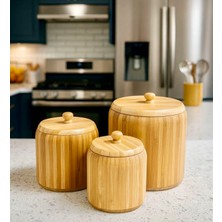 Kitchen Pembelia 3’lü Orjinal Bambu Bakliyat,çay,şeker,tuz,kahve Saklama Kavanoz Seti Saklama Kabı Set