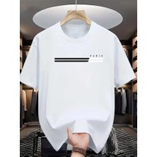 Amor Man Büyük Beden Özel Tasarım Paris Siyah-Beyaz Şerit Baskılı %100 Pamuk Modern Battal Erkek T-Shırt