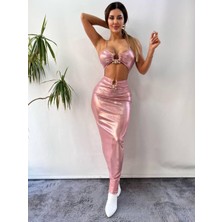 Pink Life Pembe Pu Faux Lame Tokalı Elbise