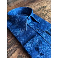 Chamis Slimfit Lacivert Şal Desenli Pamuk Saten Uzun Yaka Gömlek