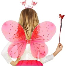 Kırmızı Renk Çocuk Kelebek Kanadı Tacı ve Asa Seti 50 cm