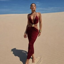 Pink Life Bordo Sandy Kumaş Toka Det.dekolteli Midi Elbise