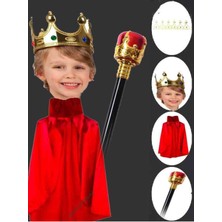 Kral Tacı Topuz Kral Asa ve Altın Renk Çocuk Uyumlu Kırmızı Yakalı 90 cm Pelerin Seti